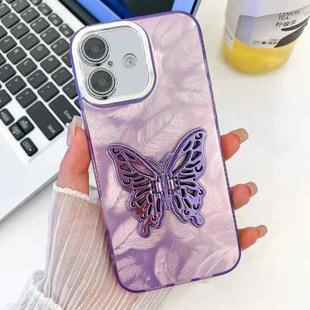 For iPhone 16 Plus Plating Glitter Texture Butterfly Holder TPU Phone Case with Lens Film(Purple Feathers)