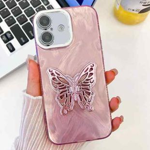 For iPhone 16 Plus Plating Glitter Texture Butterfly Holder TPU Phone Case with Lens Film(Pink Feather Yarn)