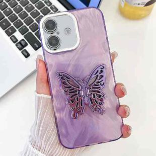 For iPhone 16 Plus Plating Glitter Texture Butterfly Holder TPU Phone Case with Lens Film(Purple Feather Yarn)