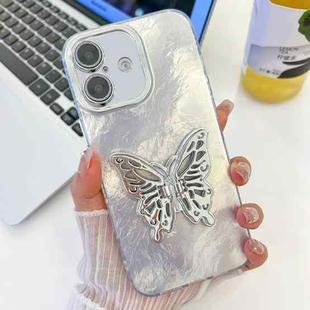 For iPhone 16 Plus Plating Glitter Texture Butterfly Holder TPU Phone Case with Lens Film(White Tinfoil Texture)