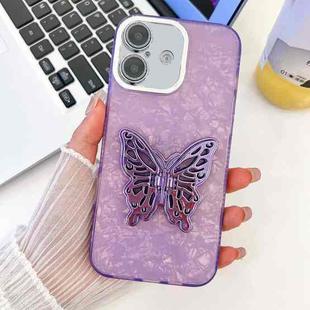 For iPhone 16 Plating Glitter Texture Butterfly Holder TPU Phone Case with Lens Film(Purple Shell Pattern)