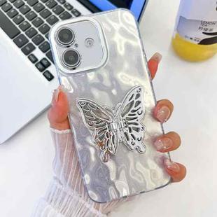 For iPhone 16 Plating Glitter Texture Butterfly Holder TPU Phone Case with Lens Film(White Wrinkles)