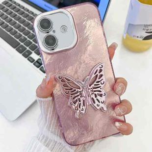 For iPhone 16 Plating Glitter Texture Butterfly Holder TPU Phone Case with Lens Film(Pink Tinfoil Texture)