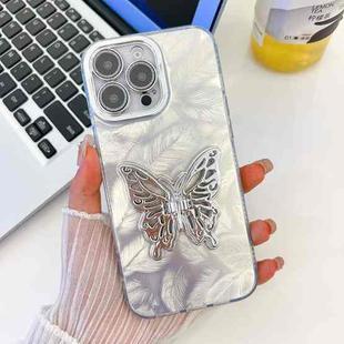 For iPhone 15 Pro Plating Glitter Texture Butterfly Holder TPU Phone Case with Lens Film(White Feathers)