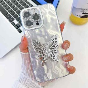 For iPhone 15 Pro Plating Glitter Texture Butterfly Holder TPU Phone Case with Lens Film(White Wrinkles)