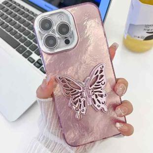 For iPhone 15 Pro Plating Glitter Texture Butterfly Holder TPU Phone Case with Lens Film(Pink Tinfoil Texture)