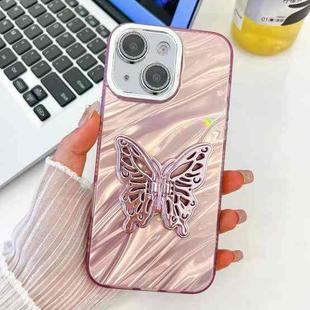 For iPhone 15 Plating Glitter Texture Butterfly Holder TPU Phone Case with Lens Film(Pink Water Ripples)