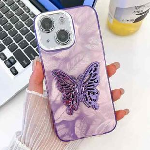 For iPhone 15 Plating Glitter Texture Butterfly Holder TPU Phone Case with Lens Film(Purple Feathers)