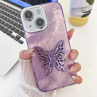 For iPhone 15 Plating Glitter Texture Butterfly Holder TPU Phone Case with Lens Film(Purple Tinfoil Texture)