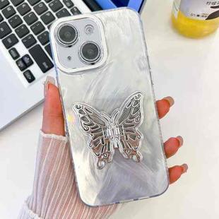 For iPhone 14 Plating Glitter Texture Butterfly Holder TPU Phone Case with Lens Film(White Feather Yarn)