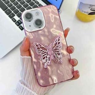 For iPhone 14 Plating Glitter Texture Butterfly Holder TPU Phone Case with Lens Film(Pink Wrinkles)