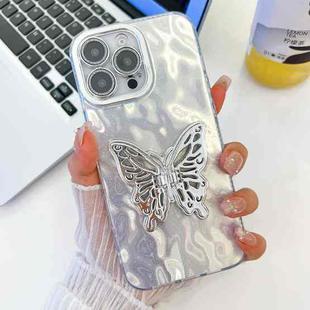 For iPhone 13 Pro Plating Glitter Texture Butterfly Holder TPU Phone Case with Lens Film(White Wrinkles)