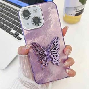 For iPhone 13 Plating Glitter Texture Butterfly Holder TPU Phone Case with Lens Film(Purple Tinfoil Texture)