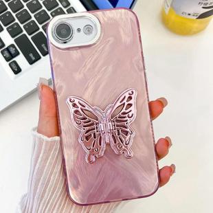 For iPhone 16e Plating Glitter Texture Butterfly Holder TPU Phone Case with Lens Film(Pink Feather Yarn)