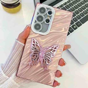 For Samsung Galaxy S24 FE 5G Plating Glitter Texture Butterfly Holder TPU Phone Case with Lens Film(Pink Water Ripples)