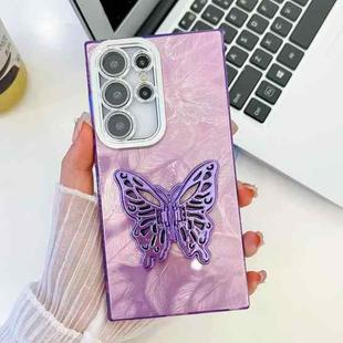 For Samsung Galaxy S24 FE 5G Plating Glitter Texture Butterfly Holder TPU Phone Case with Lens Film(Purple Feathers)