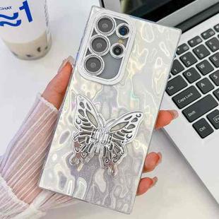 For Samsung Galaxy S24 FE 5G Plating Glitter Texture Butterfly Holder TPU Phone Case with Lens Film(White Wrinkles)