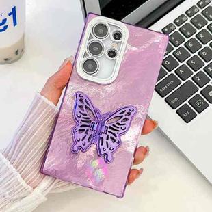 For Samsung Galaxy S24 FE 5G Plating Glitter Texture Butterfly Holder TPU Phone Case with Lens Film(Purple Tinfoil Texture)