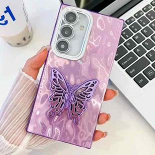For Samsung Galaxy A35 5G Plating Glitter Texture Butterfly Holder TPU Phone Case with Lens Film(Purple Wrinkles)