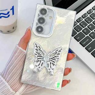 For Samsung Galaxy A35 5G Plating Glitter Texture Butterfly Holder TPU Phone Case with Lens Film(White Tinfoil Texture)