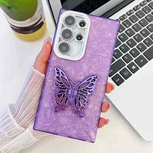 For Samsung Galaxy S24+ 5G Plating Glitter Texture Butterfly Holder TPU Phone Case with Lens Film(Purple Shell Pattern)