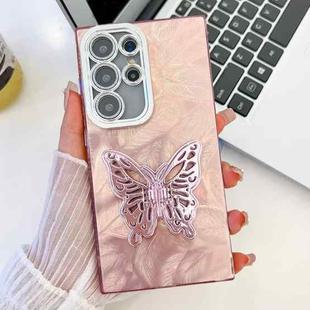 For Samsung Galaxy S24+ 5G Plating Glitter Texture Butterfly Holder TPU Phone Case with Lens Film(Pink Feathers)