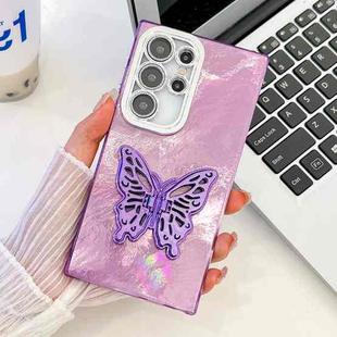 For Samsung Galaxy S24+ 5G Plating Glitter Texture Butterfly Holder TPU Phone Case with Lens Film(Purple Tinfoil Texture)