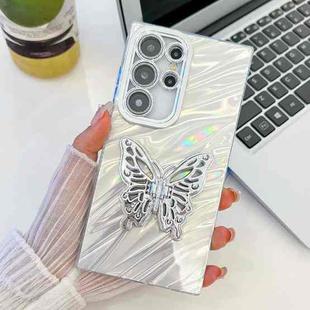 For Samsung Galaxy S24 5G Plating Glitter Texture Butterfly Holder TPU Phone Case with Lens Film(White Water Ripples)