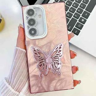 For Samsung Galaxy S24 5G Plating Glitter Texture Butterfly Holder TPU Phone Case with Lens Film(Pink Feathers)