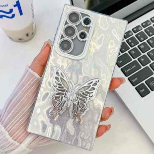 For Samsung Galaxy S24 5G Plating Glitter Texture Butterfly Holder TPU Phone Case with Lens Film(White Wrinkles)