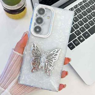For Samsung Galaxy A25 5G Plating Glitter Texture Butterfly Holder TPU Phone Case with Lens Film(White Shell Pattern)