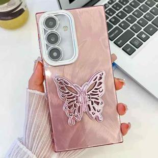 For Samsung Galaxy A36 5G Plating Glitter Texture Butterfly Holder TPU Phone Case with Lens Film(Pink Feather Yarn)