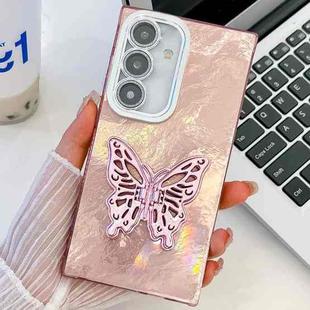 For Samsung Galaxy A36 5G Plating Glitter Texture Butterfly Holder TPU Phone Case with Lens Film(Pink Tinfoil Texture)