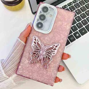 For Samsung Galaxy S25 5G Plating Glitter Texture Butterfly Holder TPU Phone Case with Lens Film(Pink Shell Pattern)