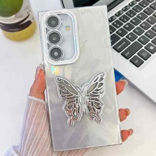 For Samsung Galaxy S25 5G Plating Glitter Texture Butterfly Holder TPU Phone Case with Lens Film(White Feather Yarn)