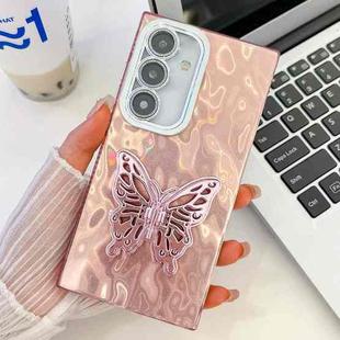 For Samsung Galaxy S25 5G Plating Glitter Texture Butterfly Holder TPU Phone Case with Lens Film(Pink Wrinkles)