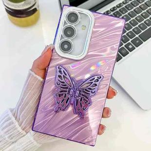 For Samsung Galaxy S25+ 5G Plating Glitter Texture Butterfly Holder TPU Phone Case with Lens Film(Purple Water Ripples)