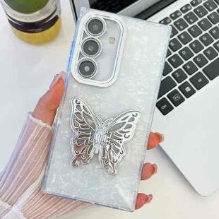 For Samsung Galaxy S25+ 5G Plating Glitter Texture Butterfly Holder TPU Phone Case with Lens Film(White Shell Pattern)