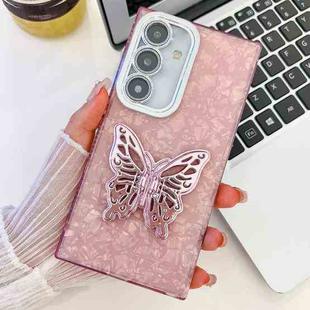 For Samsung Galaxy S25+ 5G Plating Glitter Texture Butterfly Holder TPU Phone Case with Lens Film(Pink Shell Pattern)