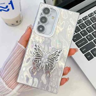 For Samsung Galaxy S25+ 5G Plating Glitter Texture Butterfly Holder TPU Phone Case with Lens Film(White Wrinkles)