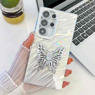 For Samsung Galaxy S25 Ultra 5G Plating Glitter Texture Butterfly Holder TPU Phone Case with Lens Film(White Water Ripples)