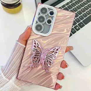 For Samsung Galaxy S25 Ultra 5G Plating Glitter Texture Butterfly Holder TPU Phone Case with Lens Film(Pink Water Ripples)