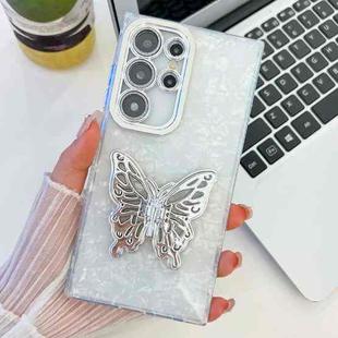 For Samsung Galaxy S25 Ultra 5G Plating Glitter Texture Butterfly Holder TPU Phone Case with Lens Film(White Shell Pattern)