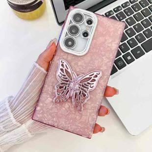 For Samsung Galaxy S25 Ultra 5G Plating Glitter Texture Butterfly Holder TPU Phone Case with Lens Film(Pink Shell Pattern)