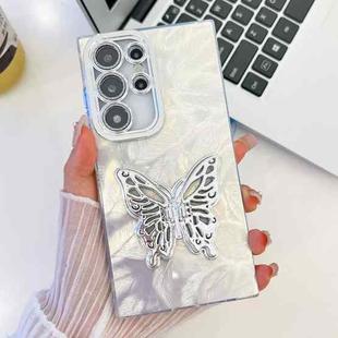 For Samsung Galaxy S25 Ultra 5G Plating Glitter Texture Butterfly Holder TPU Phone Case with Lens Film(White Feathers)