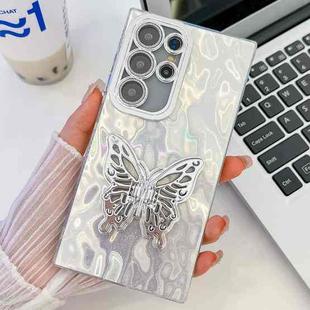For Samsung Galaxy S25 Ultra 5G Plating Glitter Texture Butterfly Holder TPU Phone Case with Lens Film(White Wrinkles)