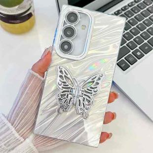 For Samsung Galaxy A16 5G Plating Glitter Texture Butterfly Holder TPU Phone Case with Lens Film(White Water Ripples)