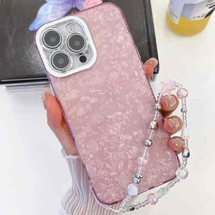 For iPhone 16 Pro Max Plating Glitter Texture Chain Wristband TPU Phone Case with Lens Film(Pink Shell Pattern)