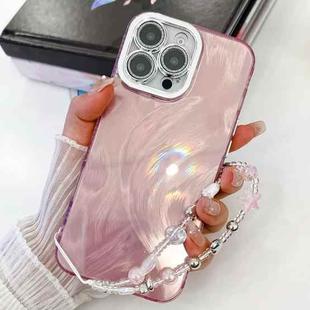 For iPhone 16 Pro Max Plating Glitter Texture Chain Wristband TPU Phone Case with Lens Film(Pink Feather Yarn)