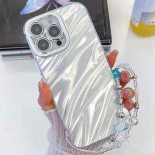 For iPhone 16 Pro Plating Glitter Texture Chain Wristband TPU Phone Case with Lens Film(White Water Ripples)